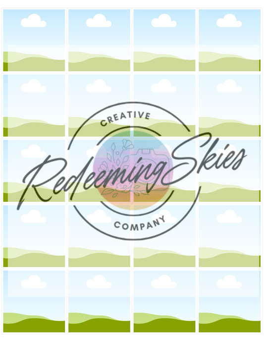 Template sheet for 2" x 2" vinyl magnets with a grid layout of image placeholders, designed for use in Canva. The Redeeming Skies Creative Company watermark is overlaid on the template.