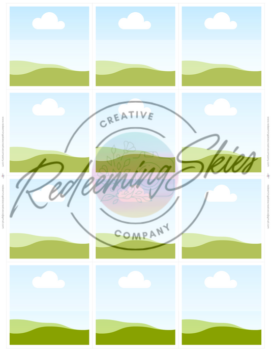 Alt text:
A 2.5" vinyl magnet template layout featuring a 4x3 grid of square image placeholders with light blue skies, green hills, and white clouds, designed for drag-and-drop use. The background is plain white with thin borders around each square. A large, semi-transparent watermark reading “Redeeming Skies Creative Company” is centered over the template. The template includes small crop marks and website text along the outer edges.